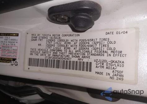 2004 Lexus Gx 470 from USA, damaged, VIN JTJBT20X340040407